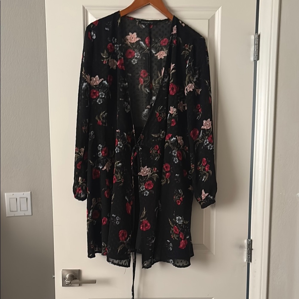 Dynamite Black and Red Robe Dress with Floral Elegance